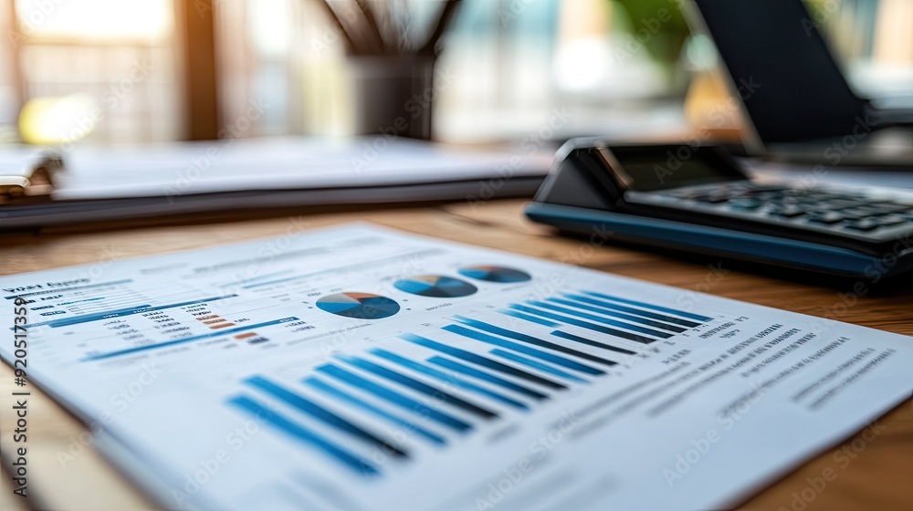 A close-up of a detailed financial report with various graphs, laid out on a wooden desk with office accessories, representing data analysis. A close-up of a detailed financial report with various graphs, laid out on a wooden desk with office accessories, representing data analysis.