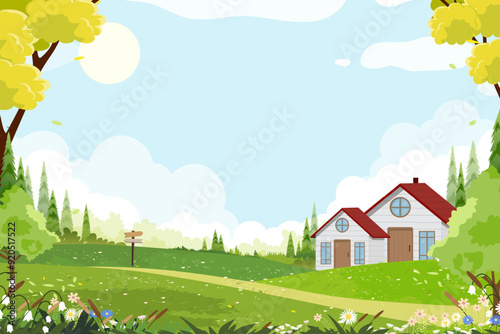 Landscape Spring garden in park with flower,grass field on hill with blue sky,cloud background for Easter banner,Horizon peaceful rural nature Sunny day Summer,Cartoon Vector illustration forest trees