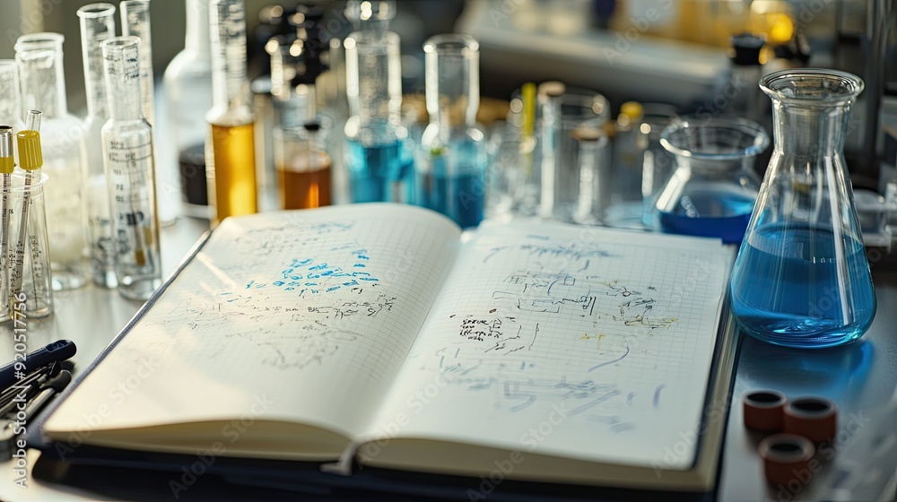 A close-up of an open lab notebook filled with notes, diagrams, and calculations, surrounded by scientific tools, emphasizing meticulous research. A close-up of an open lab notebook filled with notes, diagrams, and calculations, surrounded by scientific tools, emphasizing meticulous research.