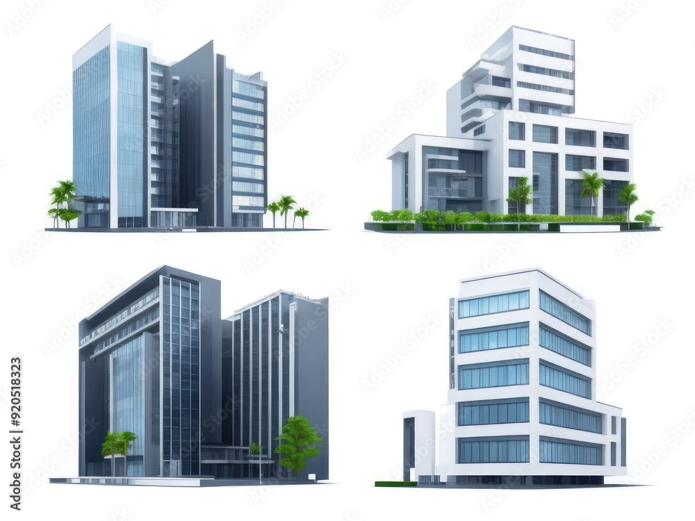 Different styles of modern buildings isolated on white background, high rise buildings. Different styles of modern buildings isolated on white background, high rise buildings.