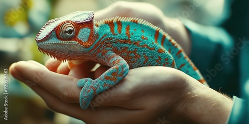 A closeup of a colourful chameleon being held by a pair of hands