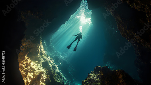 A freediver exploring an underwater cave, with the diver’s full body illuminated by the natural light and surrounded by the cave’s stunning rock formations.