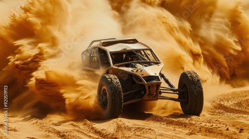 Off-Road Dune Buggy Racing Through Desert Sand with Dramatic Dust Clouds and Intense Action