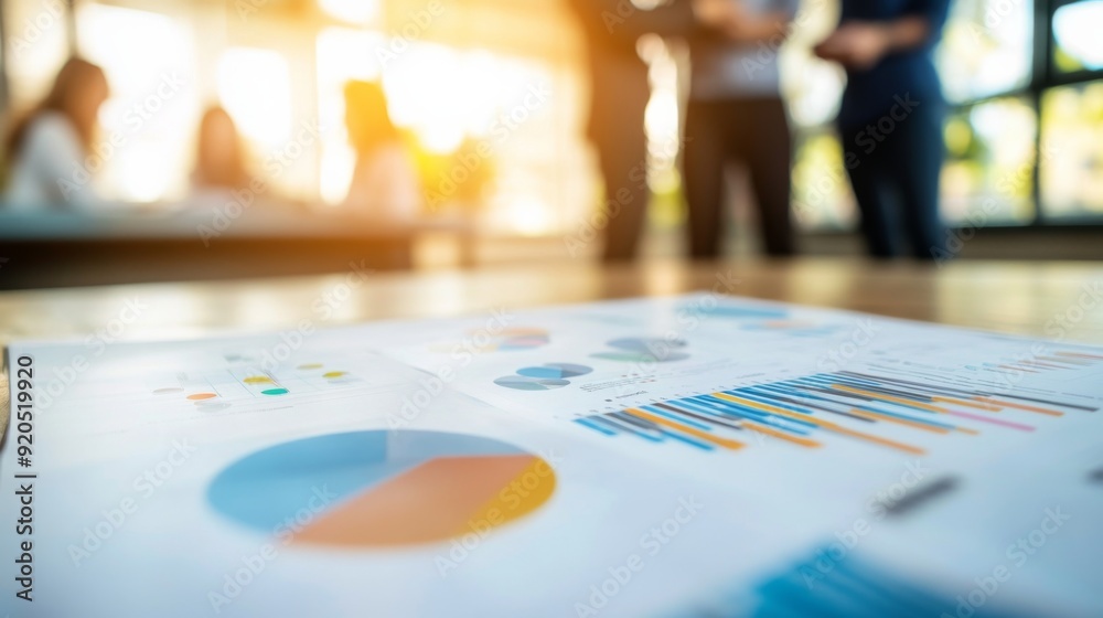 Business Data Analysis Charts and Graphs on Table with Blurred Background of Meeting Business Data Analysis Charts and Graphs on Table with Blurred Background of Meeting