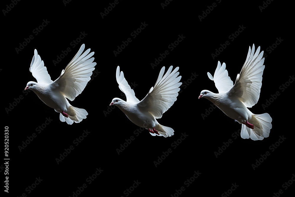 Three White doves flying on black background and Clipping path .freedom concept and international day of peace