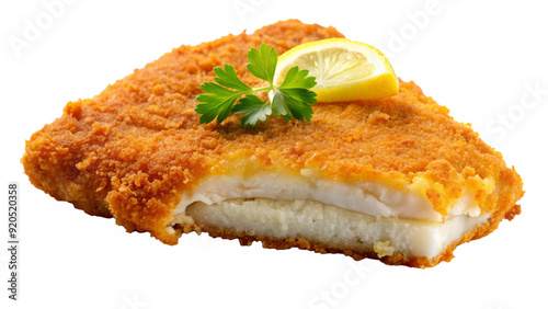 A fried fish fillet with a flaky, moist interior and a crispy, golden-brown crust. photo