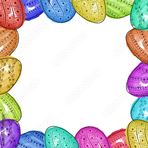 Watercolor Easter Eggs Decorated Border on Png Background and Copy Space. photo