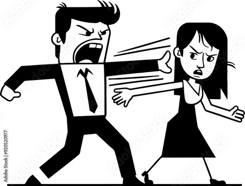 Man screams and hits woman, she pushes him away. Vector monochrome illustration in cartoon flat art style on transparent background