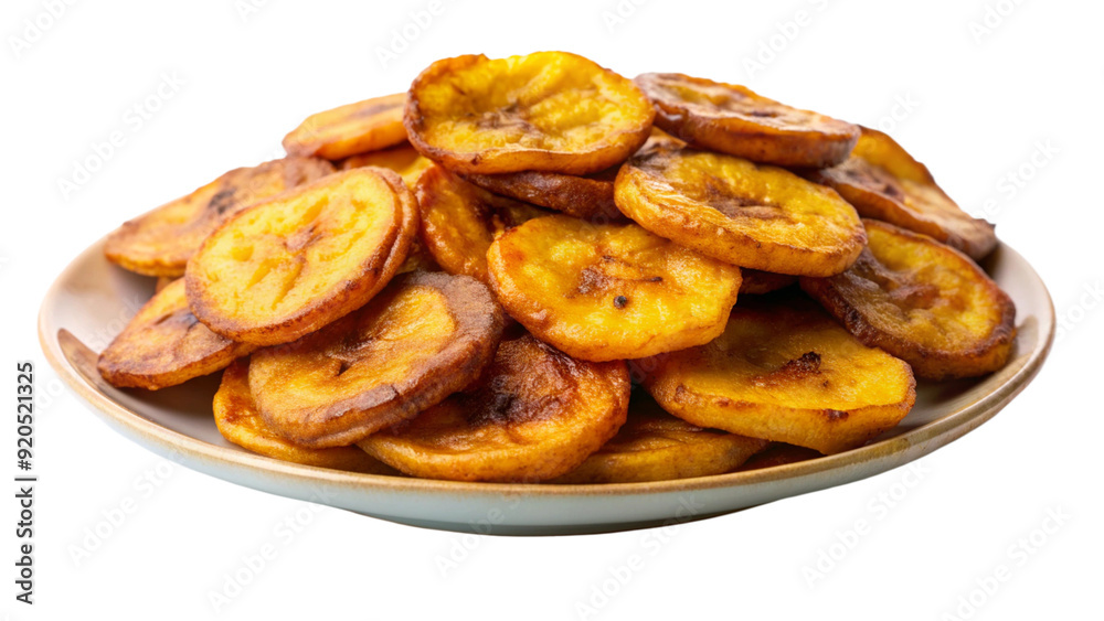 A plate of crispy fried plantain slices with a rich, golden-brown color and slightly caramelized edges. A plate of crispy fried plantain slices with a rich, golden-brown color and slightly caramelized edges.