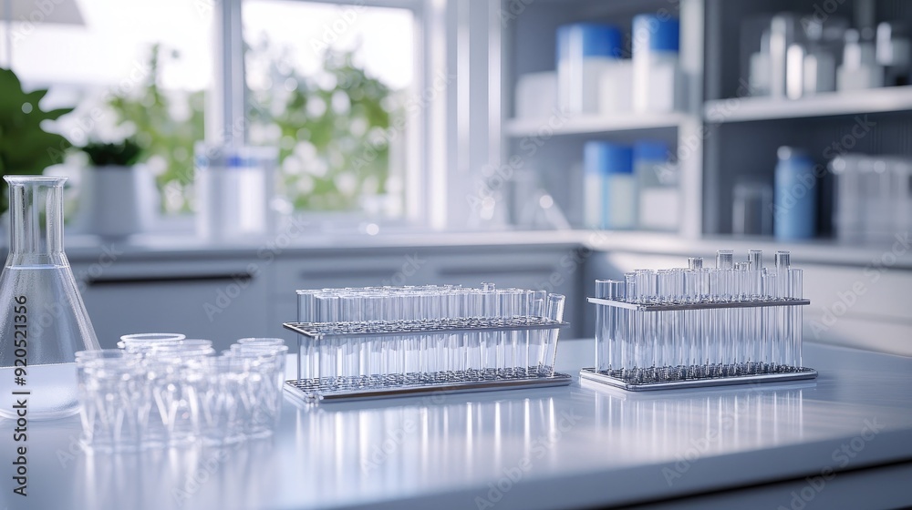 A modern laboratory setup with test tubes and beakers neatly arranged on a clean counter, ready for experimentation. A modern laboratory setup with test tubes and beakers neatly arranged on a clean counter, ready for experimentation.