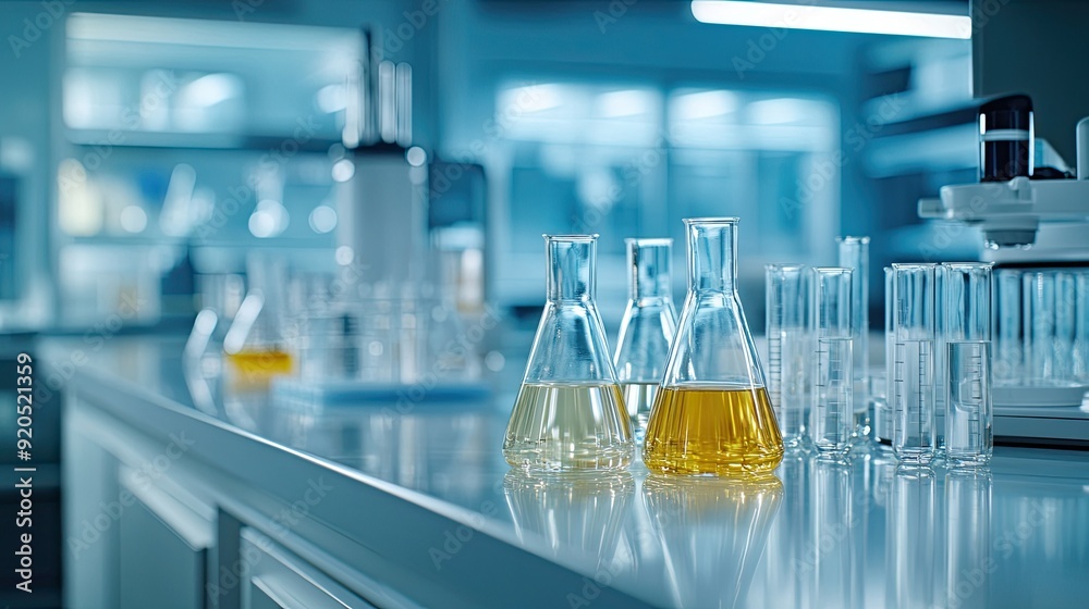 A modern laboratory setup with test tubes and beakers neatly arranged on a clean counter, ready for experimentation. A modern laboratory setup with test tubes and beakers neatly arranged on a clean counter, ready for experimentation.