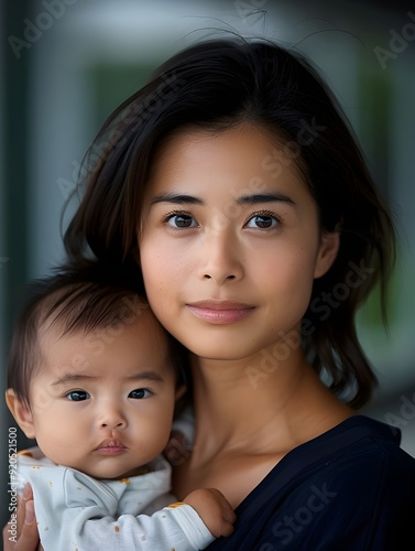 In a park, a 40-year-old Chinese nanny holds a one-month-old infant in her arms while sporting casual clothing and a smile for the camera. She is not wearing any jewelry or makeup.