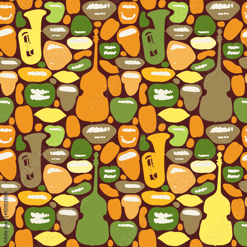 Seamless pattern with colored lips that smile and show tongue and white teeth and double bass with trumpet. Bright vector background with laughing, surprised, excited, angry, singing