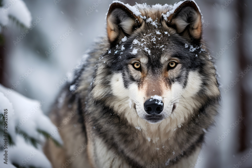 Primal Majesty: A Captivating Close-Up Portrait of a Lone Grey Wolf Amidst Snowy Wilderness Primal Majesty: A Captivating Close-Up Portrait of a Lone Grey Wolf Amidst Snowy Wilderness
