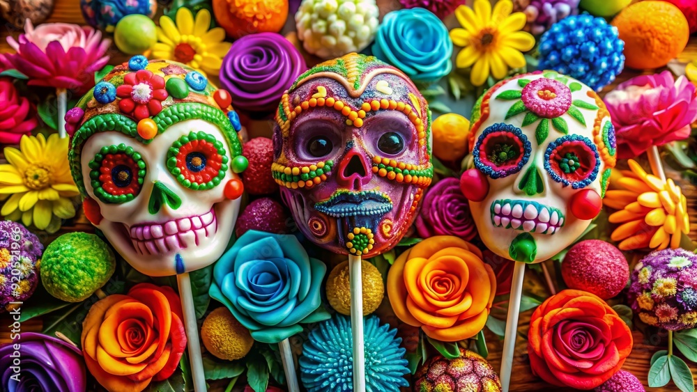 Colorful sugar skull lollipops surrounded by vibrant flowers and ornate decorations, symbolizing the fusion of morbid beauty and sweet indulgence in a festive atmosphere. Colorful sugar skull lollipops surrounded by vibrant flowers and ornate decorations, symbolizing the fusion of morbid beauty and sweet indulgence in a festive atmosphere.