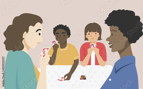 Parent and children playing card game in diverse family concept.