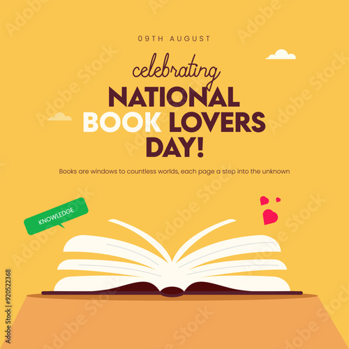 National Book Lovers day. 9th August National Book Lovers day celebration banner, post with book source of knowledge