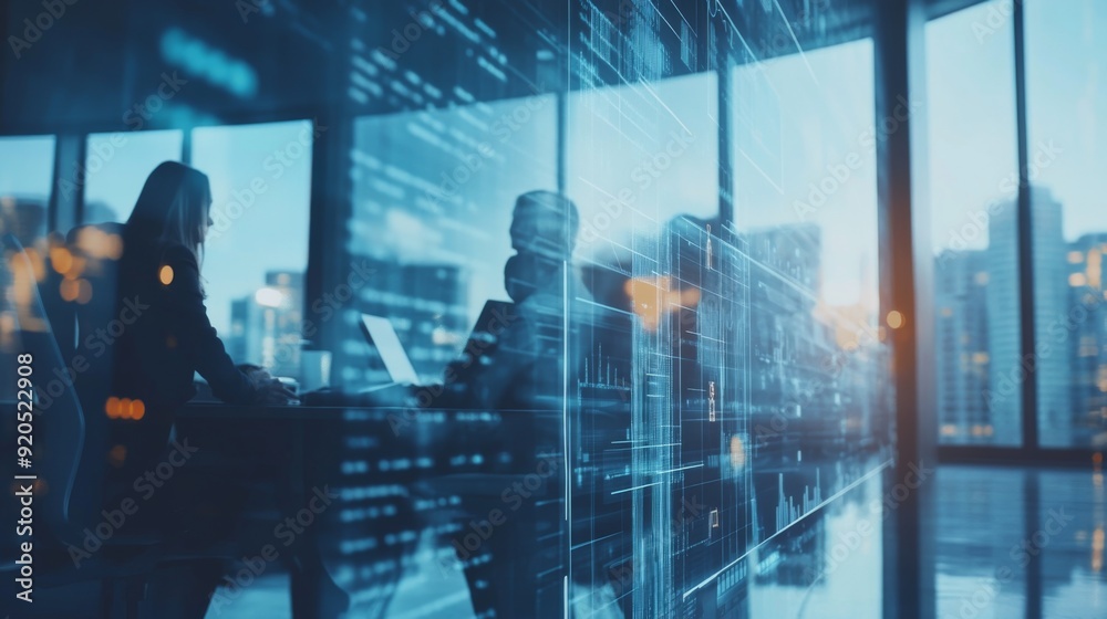 Obraz premium Digital Business Meeting - Silhouettes of Business Professionals Collaborating in a Modern Office with a Futuristic Interface Overlay
