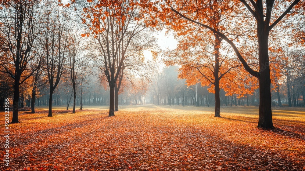 Fototapeta premium A serene autumn park landscape with fallen leaves carpeting the ground, bare trees standing tall, and soft sunlight filtering through.