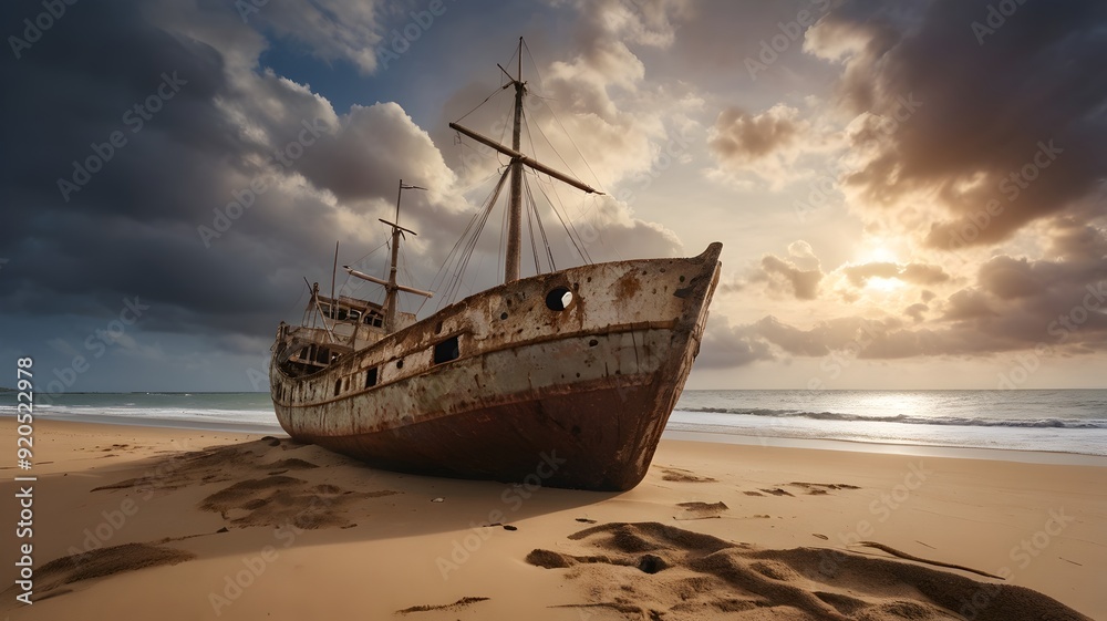 An old ship abandoned on a sandy beach under a dramatic sky
An old ship abandoned on a sandy beach under a dramatic sky
