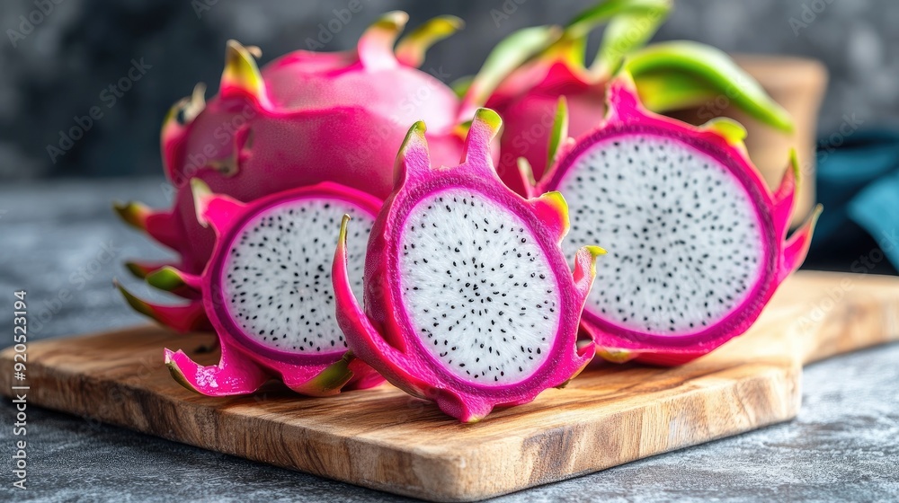 A sliced dragon fruit on a cutting board, with its bold pink skin and speckled white flesh standing out, ready for a fresh and exotic treat. A sliced dragon fruit on a cutting board, with its bold pink skin and speckled white flesh standing out, ready for a fresh and exotic treat.