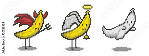 Banana Devil, Angel, and Ghost figure pixel art, 8 bit character. Isolated vector illustration