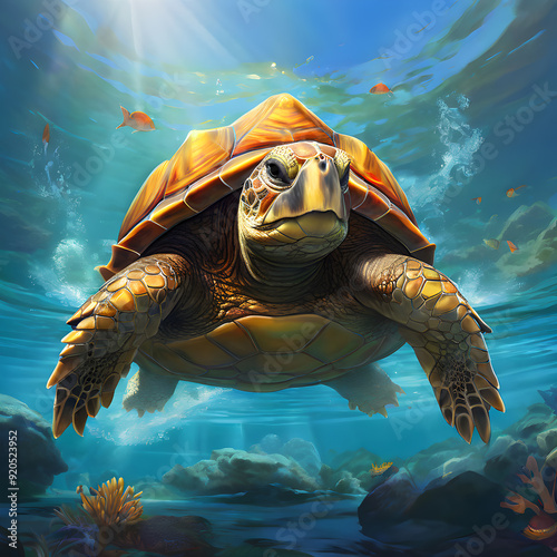 Close up of large sea turtle swimming in the ocean