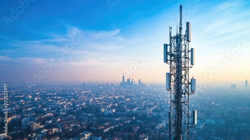 A tall telecommunication tower equipped with 5G antennas, set against a clear blue sky with a cityscape in the background. photo