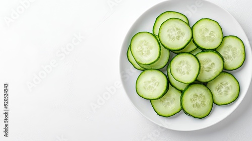 Freshly cut cucumber slices arranged in a circular pattern on a white plate, leaving ample space for copy.