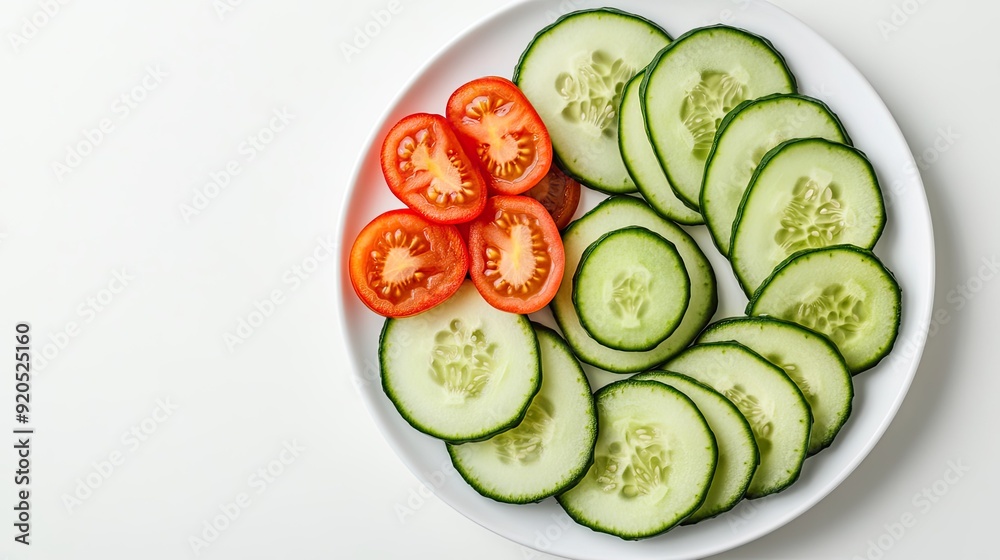 Freshly sliced cucumbers and tomatoes arranged in a circular pattern on a white plate with ample copy space. Freshly sliced cucumbers and tomatoes arranged in a circular pattern on a white plate with ample copy space.