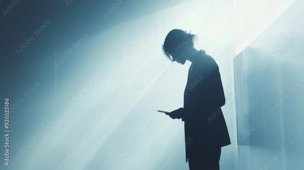 Fototapeta premium Silhouette of a Woman Using a Tablet
