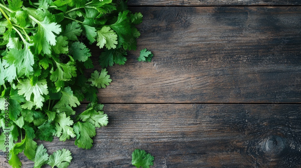 Top view of a bunch of fresh cilantro leaves spread out on a wooden table, with plenty of copy space. Top view of a bunch of fresh cilantro leaves spread out on a wooden table, with plenty of copy space.