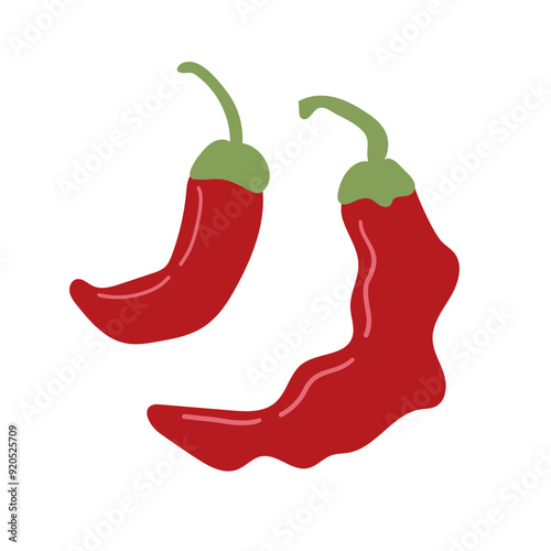 Chili hot pepper icon set. Fresh red chili cayenne peppers. Hot food spices. Sticker print template. Flat design. Isolated on White background. Vector illustration. EPS 10