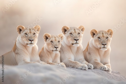 A tranquil scene featuring four lions resting together, showcasing their beauty and bond in a natural setting.