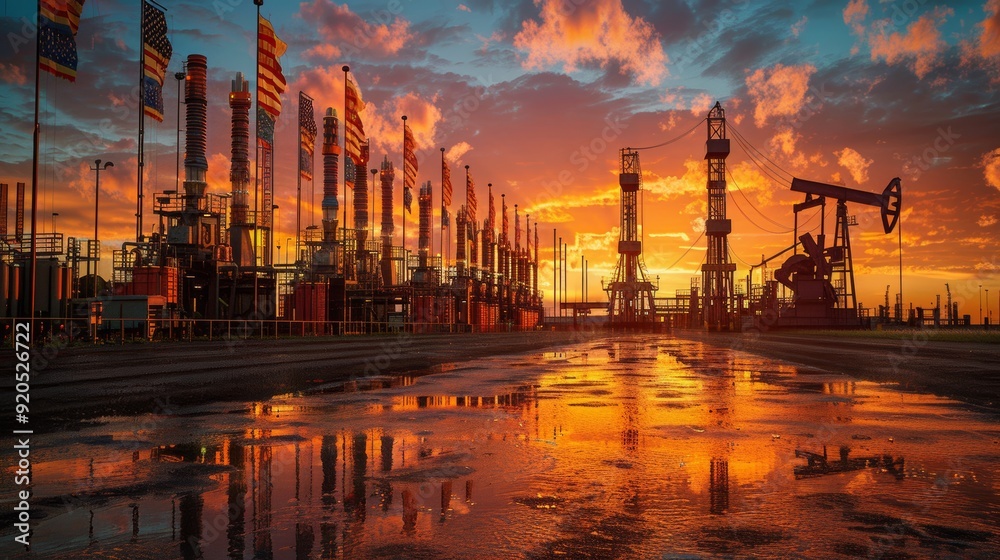 Sunset over oil drilling site with flags and industrial rigs reflecting in puddles Sunset over oil drilling site with flags and industrial rigs reflecting in puddles