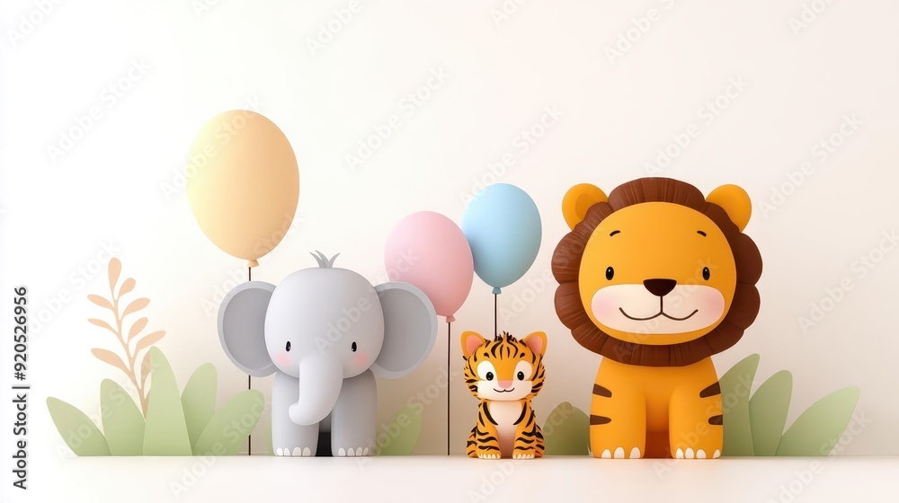 Naklejka premium Colorful animal toys with balloons in a playful setting, perfect for children's decor and party themes.