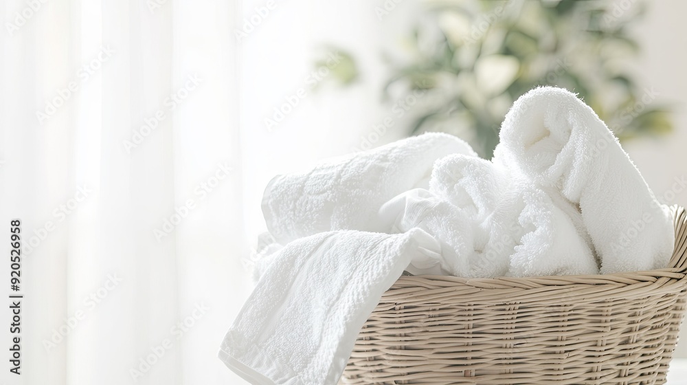 Obraz premium An overflowing laundry basket full of white towels and linens, with a bright, airy background, symbolizing cleanliness and home life.