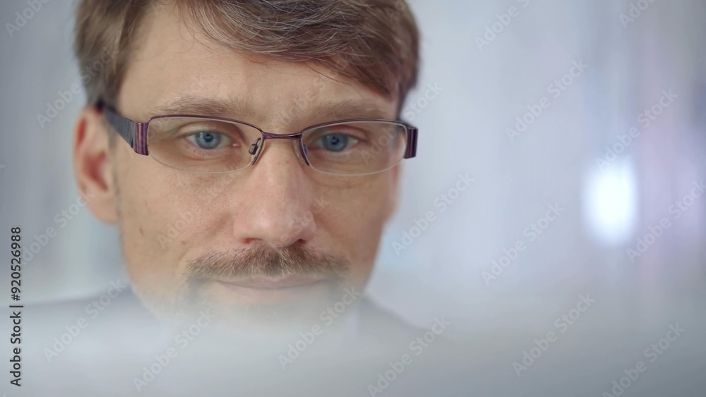 Businessman with glasses looking intently obscured partially by a translucent surface of laptop. Business people concept Businessman with glasses looking intently obscured partially by a translucent surface of laptop. Business people concept