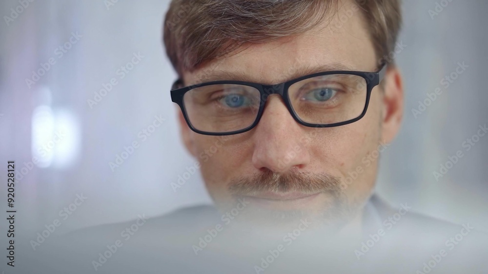 Businessman with glasses looking intently obscured partially by a translucent surface of laptop. Business people concept Businessman with glasses looking intently obscured partially by a translucent surface of laptop. Business people concept