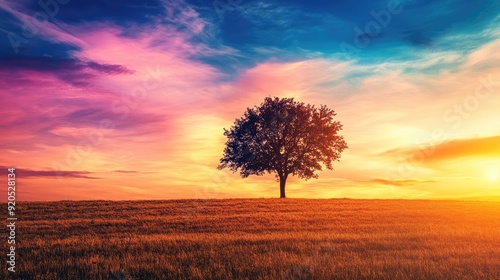 The outline of a solitary tree in an empty field, with a colorful sky at sunset providing a peaceful, reflective backdrop.