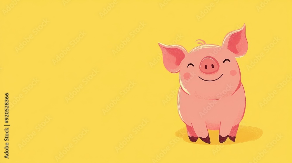 A cute cartoon pig with a big smile stands on a yellow background.