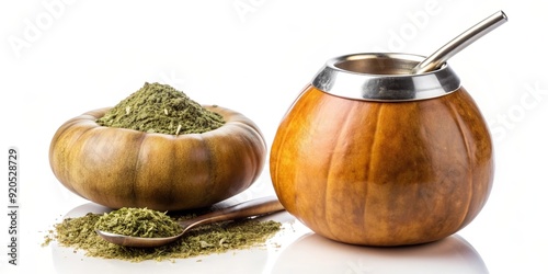 Holistic cleanse concept with yerba mate tea, gourd, and bombilla isolated on white background, Nootropic