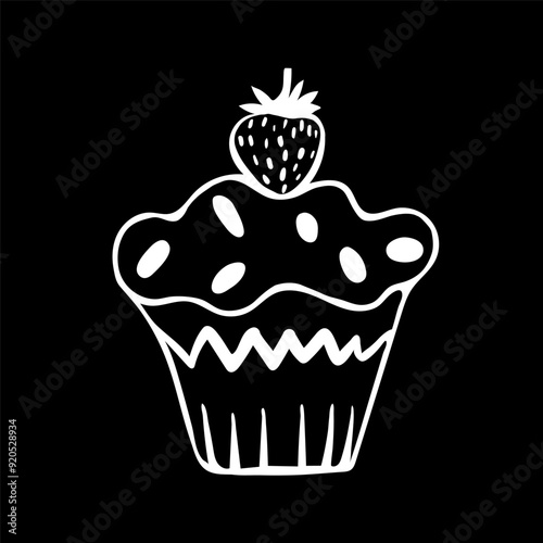 A cute hand-drawn muffing with a strawberry on top, a black and white cupcake icon, a pastry doodle, a cake sketch

