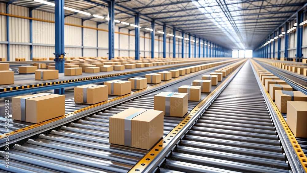 Warehouse conveyor belt moving boxes along with efficient automated process, logistics, distribution, warehouse, automation Warehouse conveyor belt moving boxes along with efficient automated process, logistics, distribution, warehouse, automation