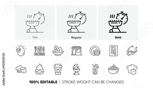 Water drop, Grill and Pre-order food line icons. Pack of Dishes, Food delivery, Pasta icon. Market, Water glass, Salad pictogram. Ice cream, Grill time, Potato. Coffee vending. Line icons. Vector