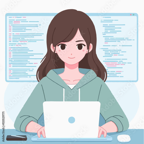 Digital development people - Three characters working on computer with code language doing programming