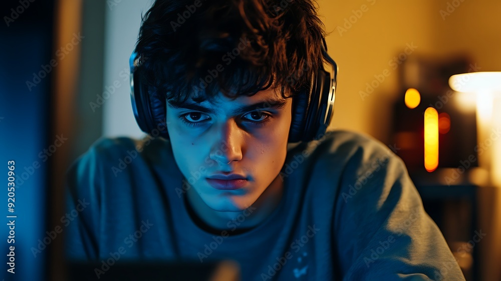 a young adult focused on a computer screen in a dimly lit room, illuminated by the monitor glow, wearing gaming headphones, intense expression, gaming setup with RGB lighting a young adult focused on a computer screen in a dimly lit room, illuminated by the monitor glow, wearing gaming headphones, intense expression, gaming setup with RGB lighting