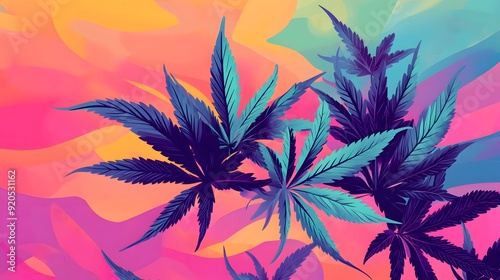 Marijuana leaves on a colorful background, close up top view on cannabis leaves and branches on colorful background for alternative medical and marketing design concept