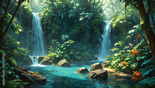 Fototapeta Naklejka Na Ścianę i Meble -  Cascade paisible dans la jungle verdoyante