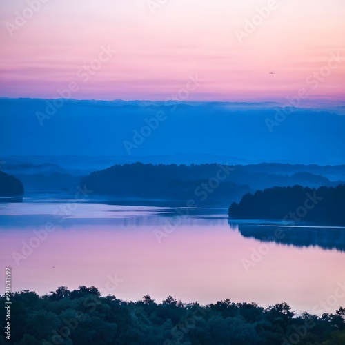 Reflections of trees on a still lake at dawn